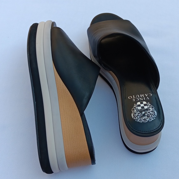 VINCE CAMUTO Women's Pendrea Leather Black Wedge Sandals- 9.5M - Picture 5 of 9